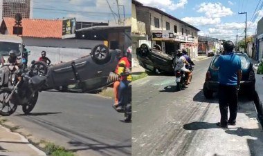 Carro capota após colisão em Teresina e causa transtornos no trânsito​‌​