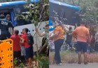 Motorista de ônibus desvia de caminhão e sai da pista na BR-343​‌​